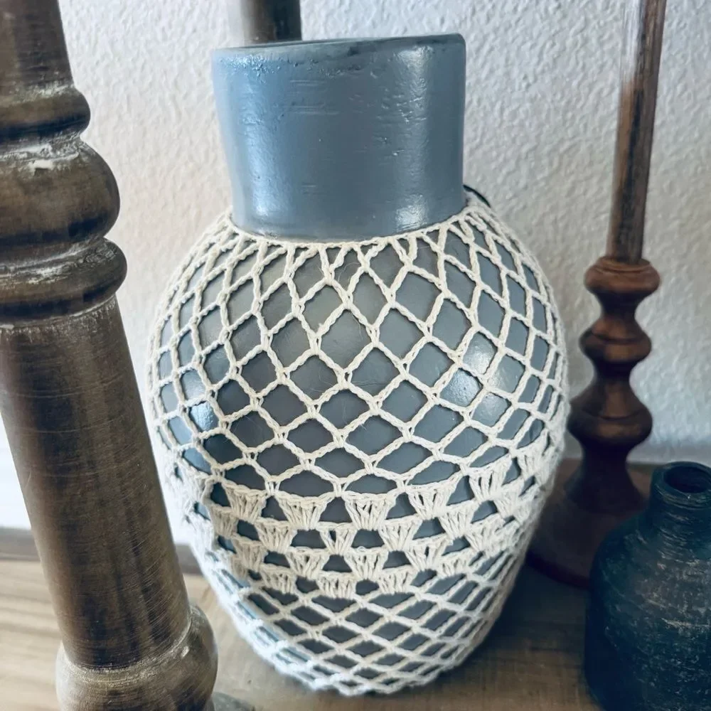 Blue Boho Rustic Macrame Cover Decor Vase